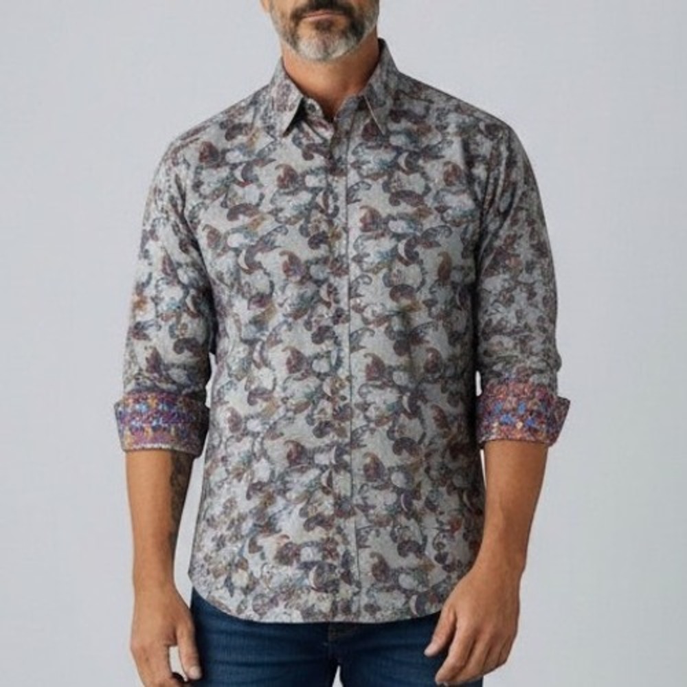 Robert Graham Button Down Men Large Grey Paisley Classic Fit Cotton Shirt L